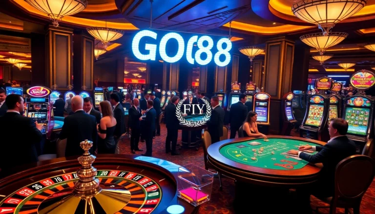 Players at a vibrant casino table with GO8 logo illuminated, capturing the excitement of gambling.