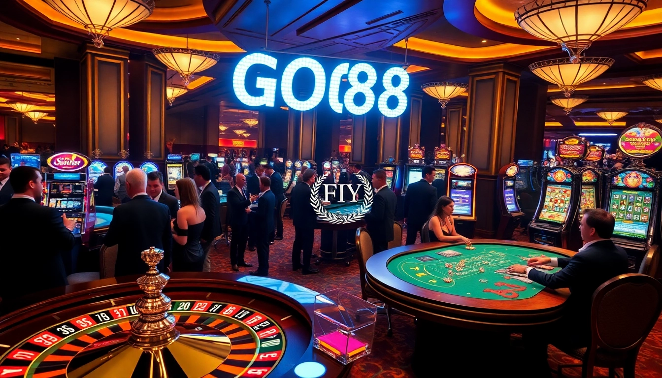 Players at a vibrant casino table with GO8 logo illuminated, capturing the excitement of gambling.