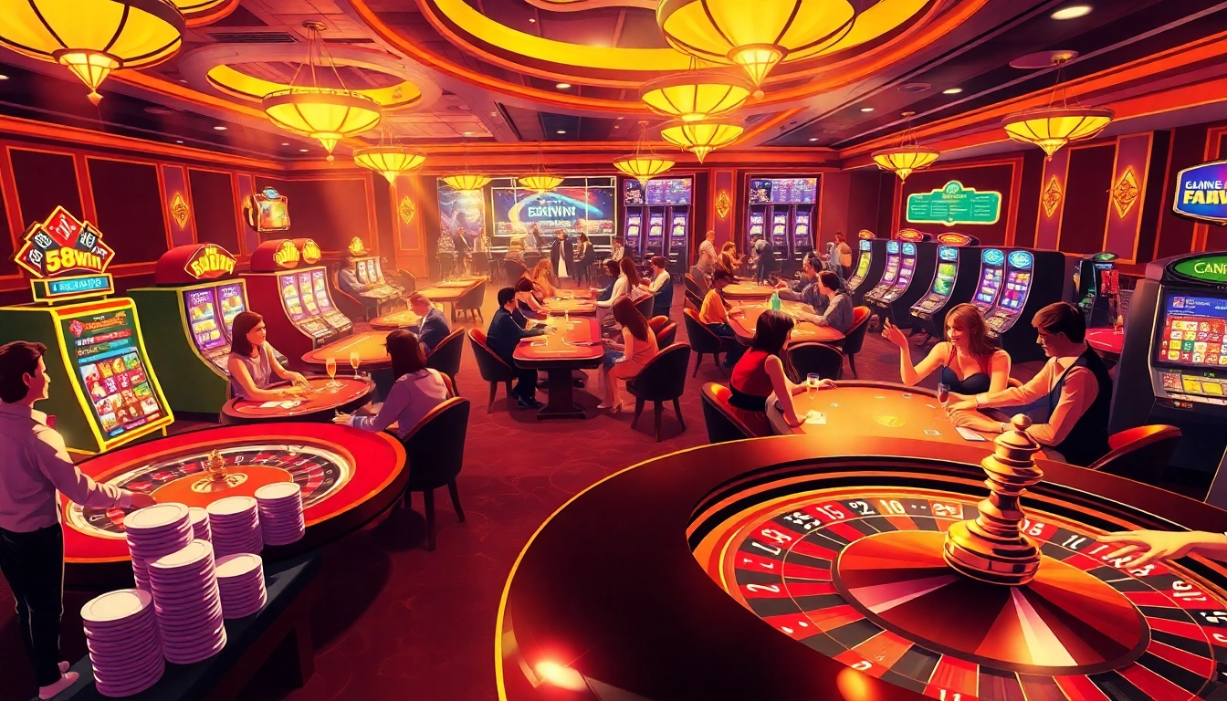 Experience the excitement of 58win com with players at poker tables in a luxurious casino setting.