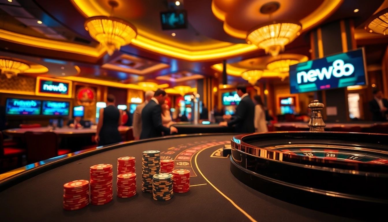 Experience the thrill of new88 as players strategize at blackjack tables surrounded by vibrant casino lights.