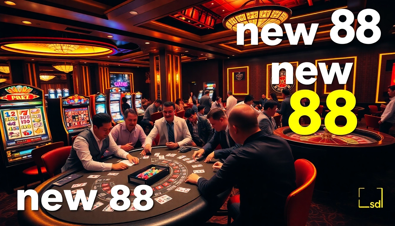 Experience the thrilling energy of new 88 casino games as players engage at poker tables and slot machines.