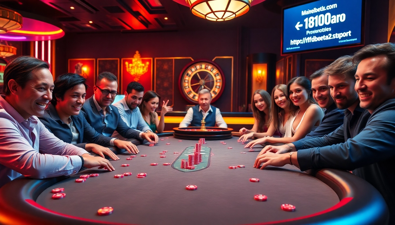 Dive into the thrill at https://f8beta2.support/ as players engage in a high-stakes poker game surrounded by vibrant casino elements.