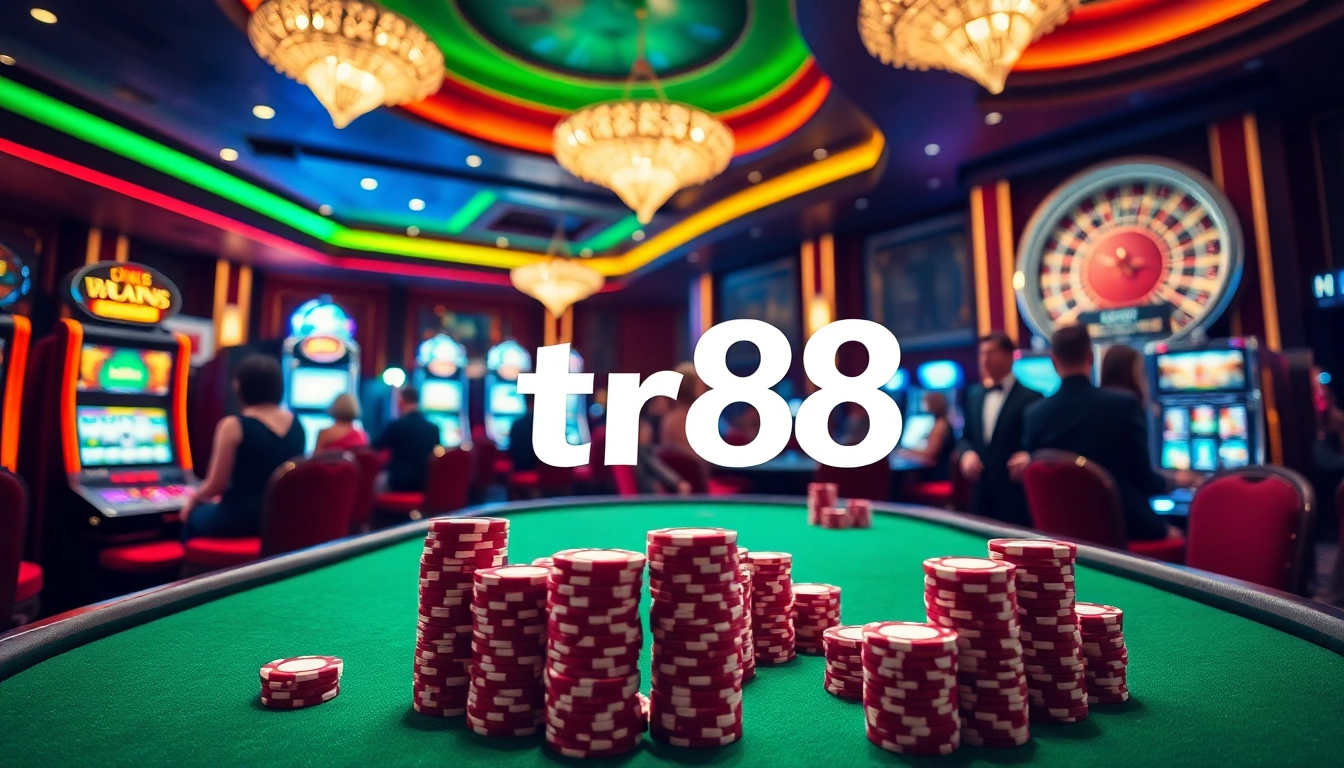 Experience the thrill at tr88 casino with players enjoying poker and vibrant slot machines.