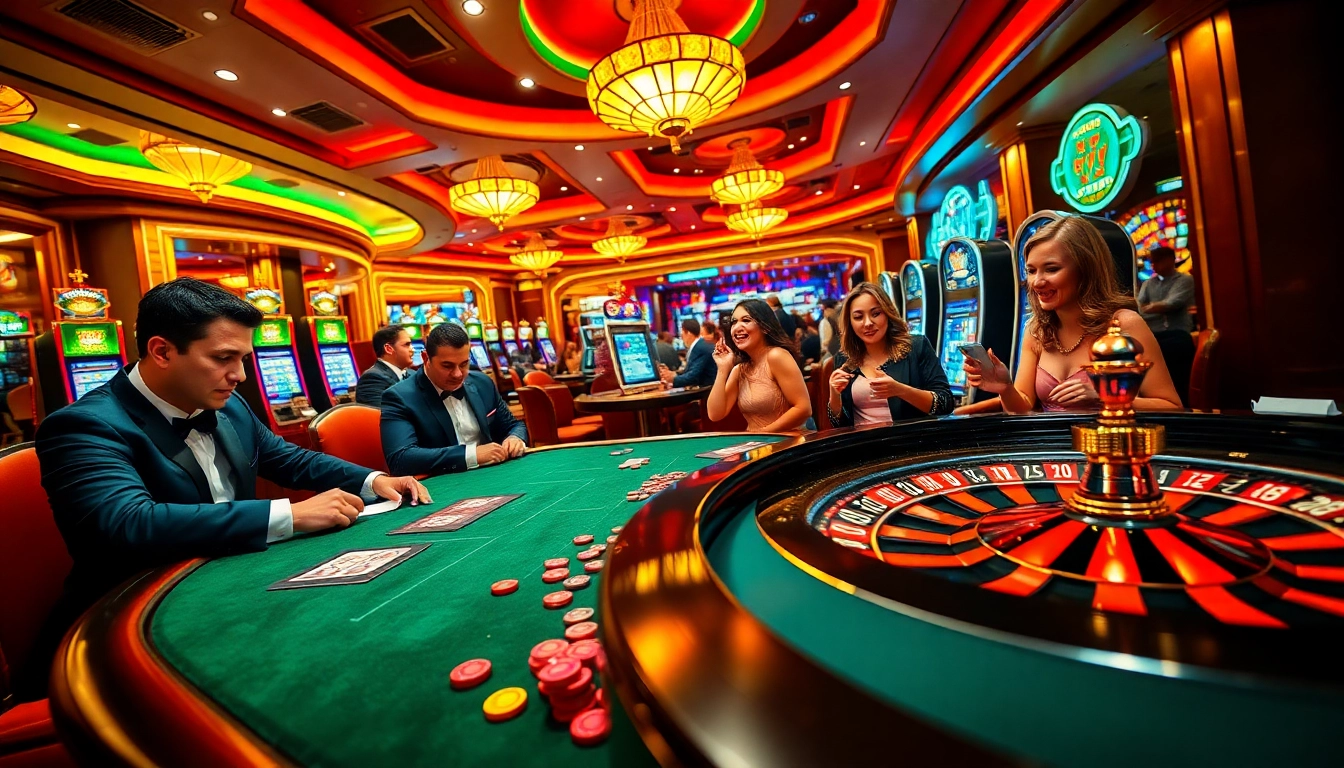 Experience the thrill of winning at https://jun88bet.net/ with players enjoying a lively casino poker game amid vibrant surroundings.